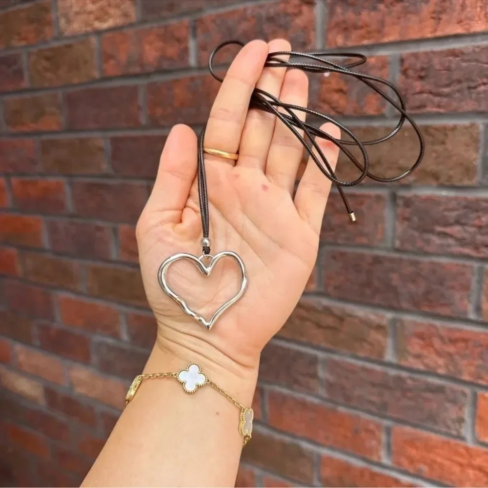 Silver Heart Stainless Steel Waterproof Cord Necklace Choker
